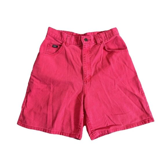 VINTAGE LEE Red Denim Jean Shorts Jorts Mom Relaxed USA Union High Rise Sz28 Y2k - Picture 2 of 11